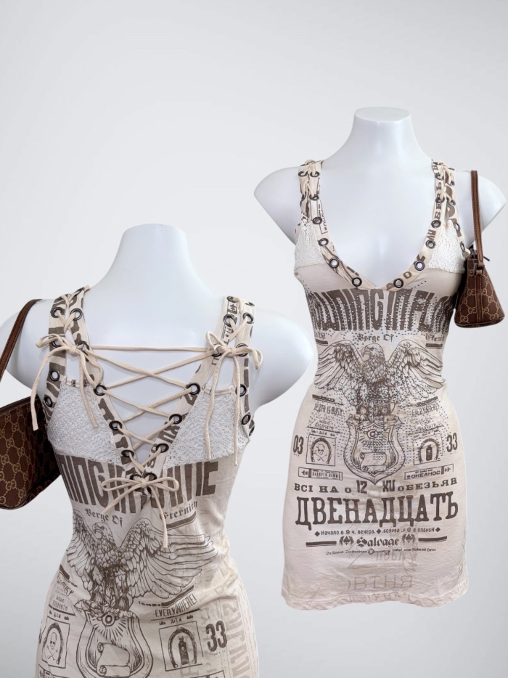 RARE Vintage Y2K Salvage Lace Up Corset Dress | Rhinestone Eagle McBling Gyaru